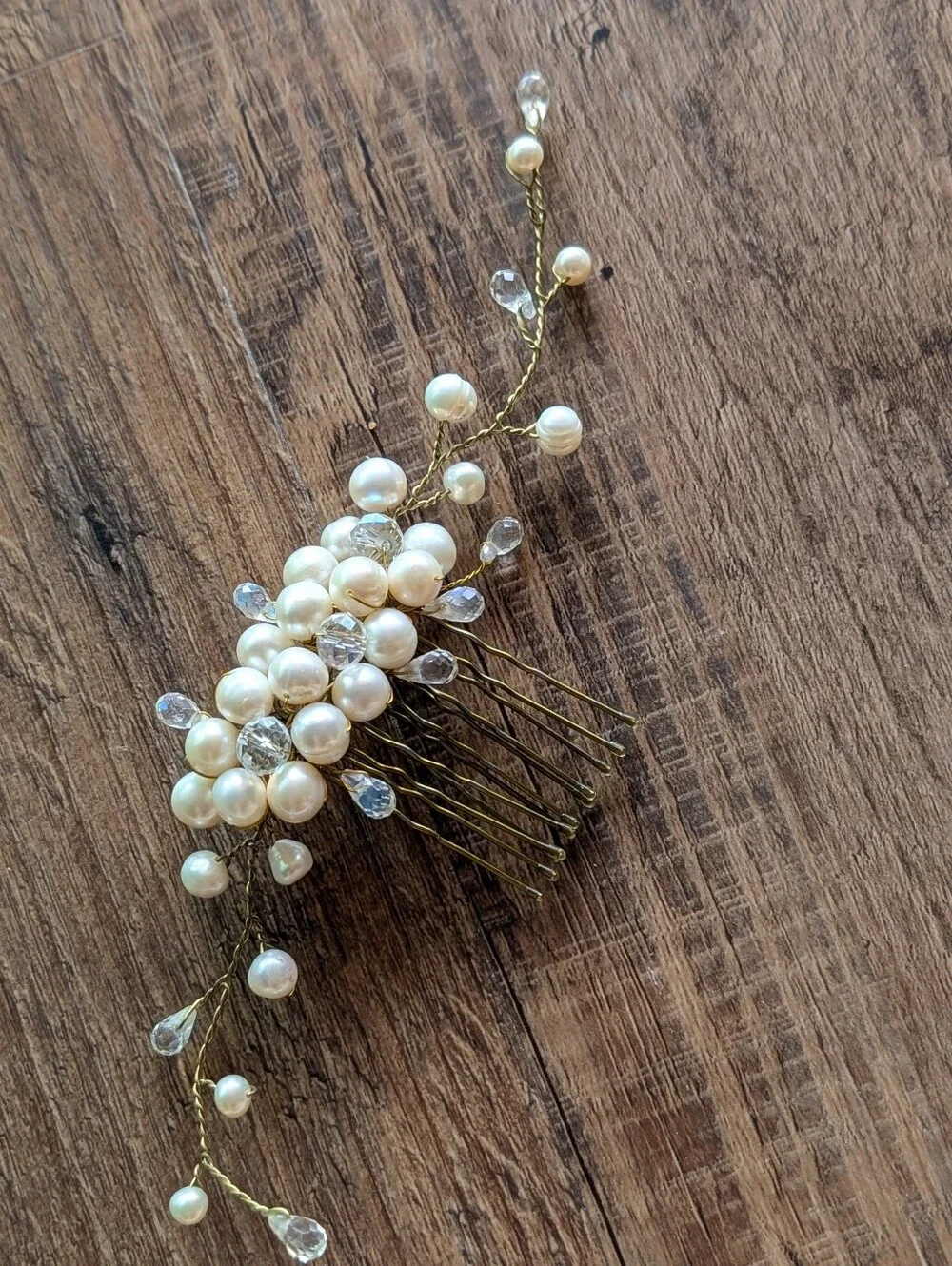 Pearl and Crystal Bridal Hair Comb - Gold Tone